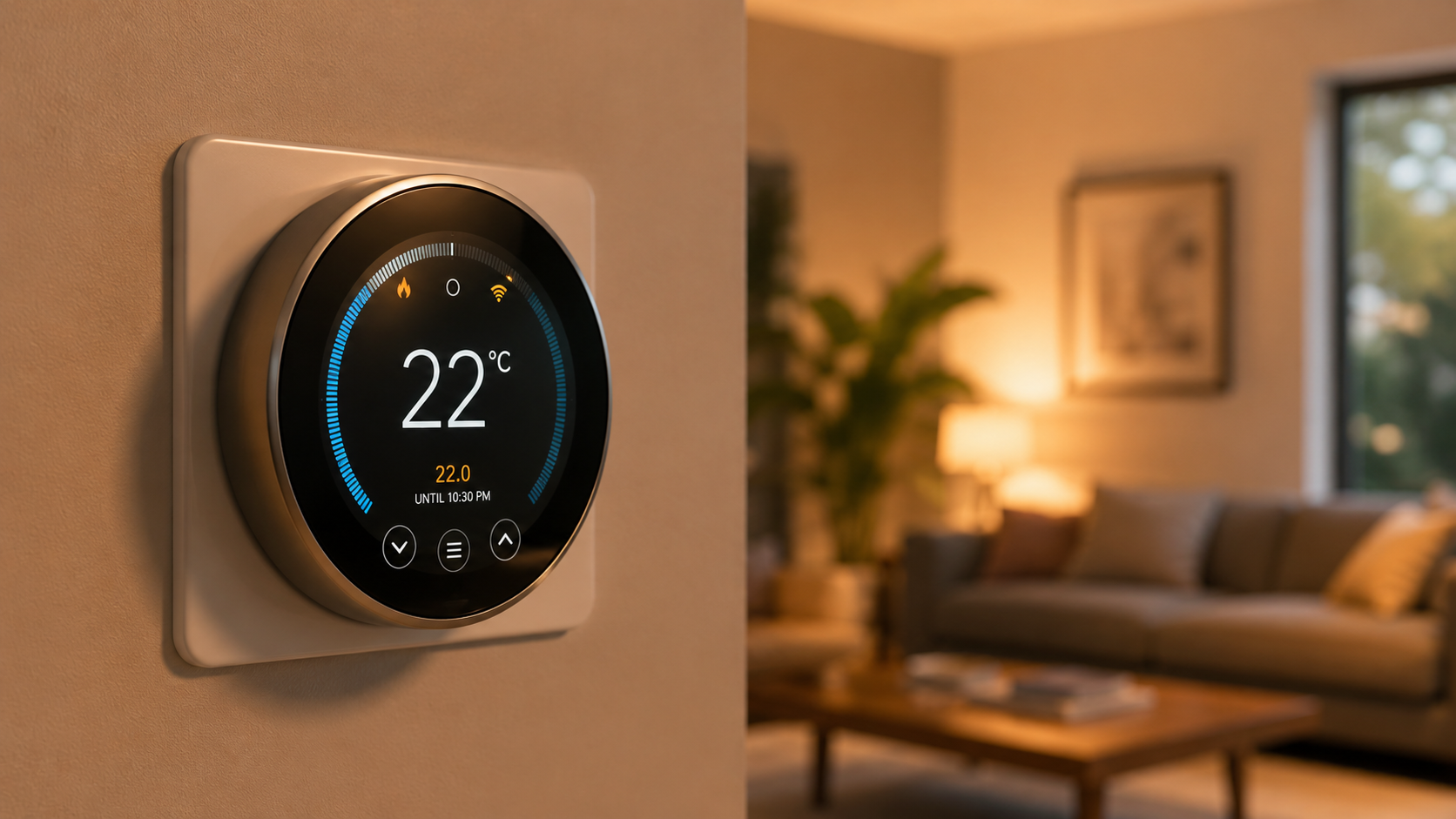 Termostato inteligente digital instalado em parede interna de sala de estar moderna.