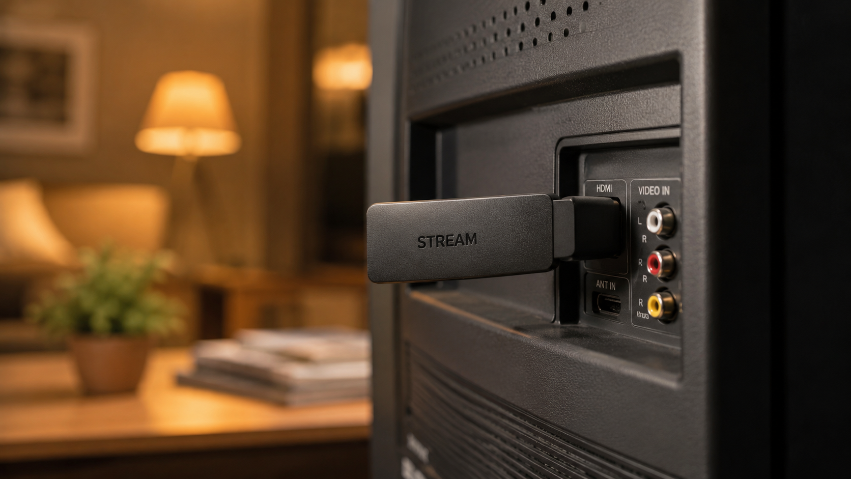 Dispositivo de streaming tipo stick conectado à porta HDMI de uma televisão antiga em ambiente aconchegante.
