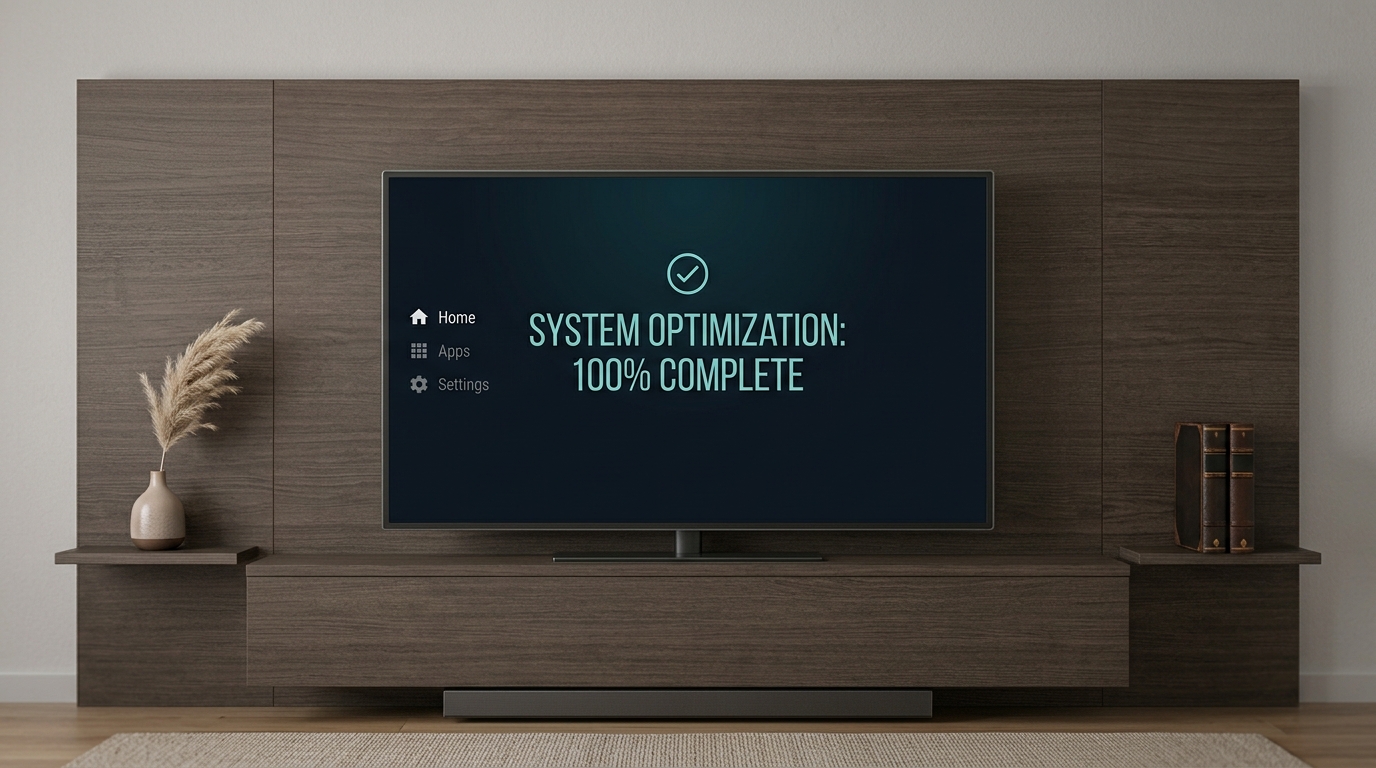 Smart TV moderna exibindo tela de otimização de sistema concluída em uma sala lim.