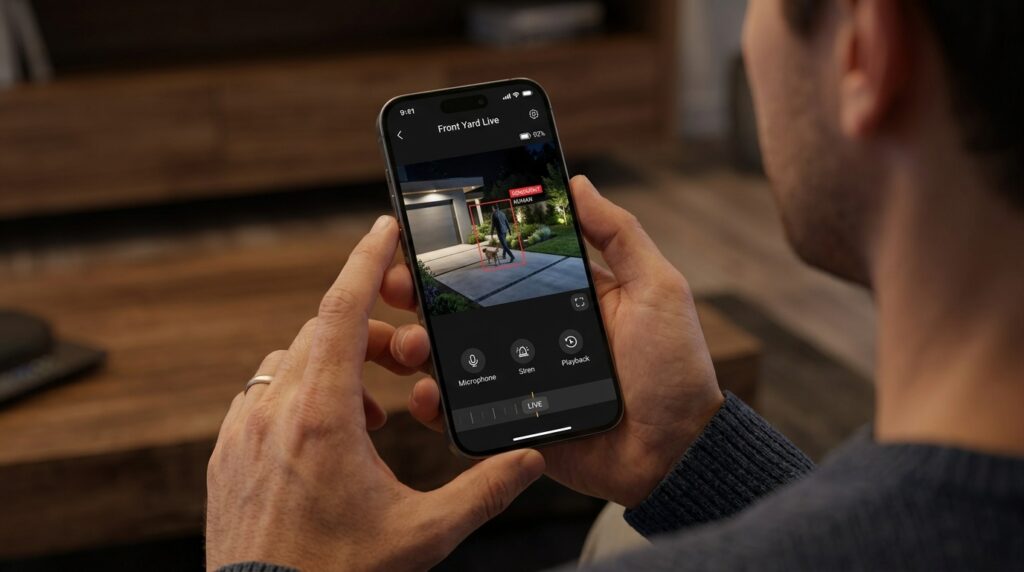 [PROMPT 2 - INÍCIO DA LISTA DE CÂMERAS]

Formato: Alta Resolução / Dispositivo Móvel

Texto do Prompt: A close-up shot over a person's shoulder holding a smartphone displaying an outdoor security camera app interface. The app screen shows a crisp, bright, full-color live video feed of a house front yard at night, with a clear square bounding box tracking a human shape movement. Realistic ambient lighting, 4k, tech review aesthetic, sharp display graphics.

Texto Alternativo: Pessoa segurando celular e visualizando o aplicativo de câmera de segurança com monitoramento colorido e detecção de movimento à noite.