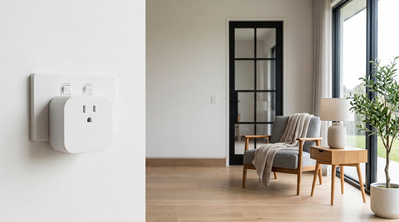 Smart plug conectado à tomada em uma sala moderna.
