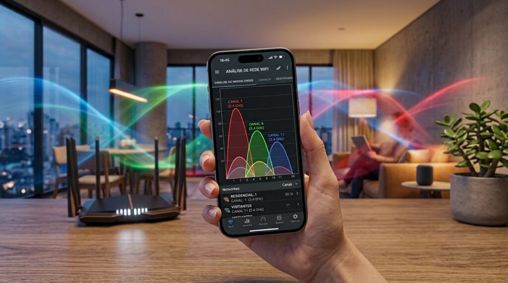 Tela de smartphone exibindo um aplicativo de análise de canais Wi-Fi com gráficos de rede coloridos e um roteador sem fios ao fundo.