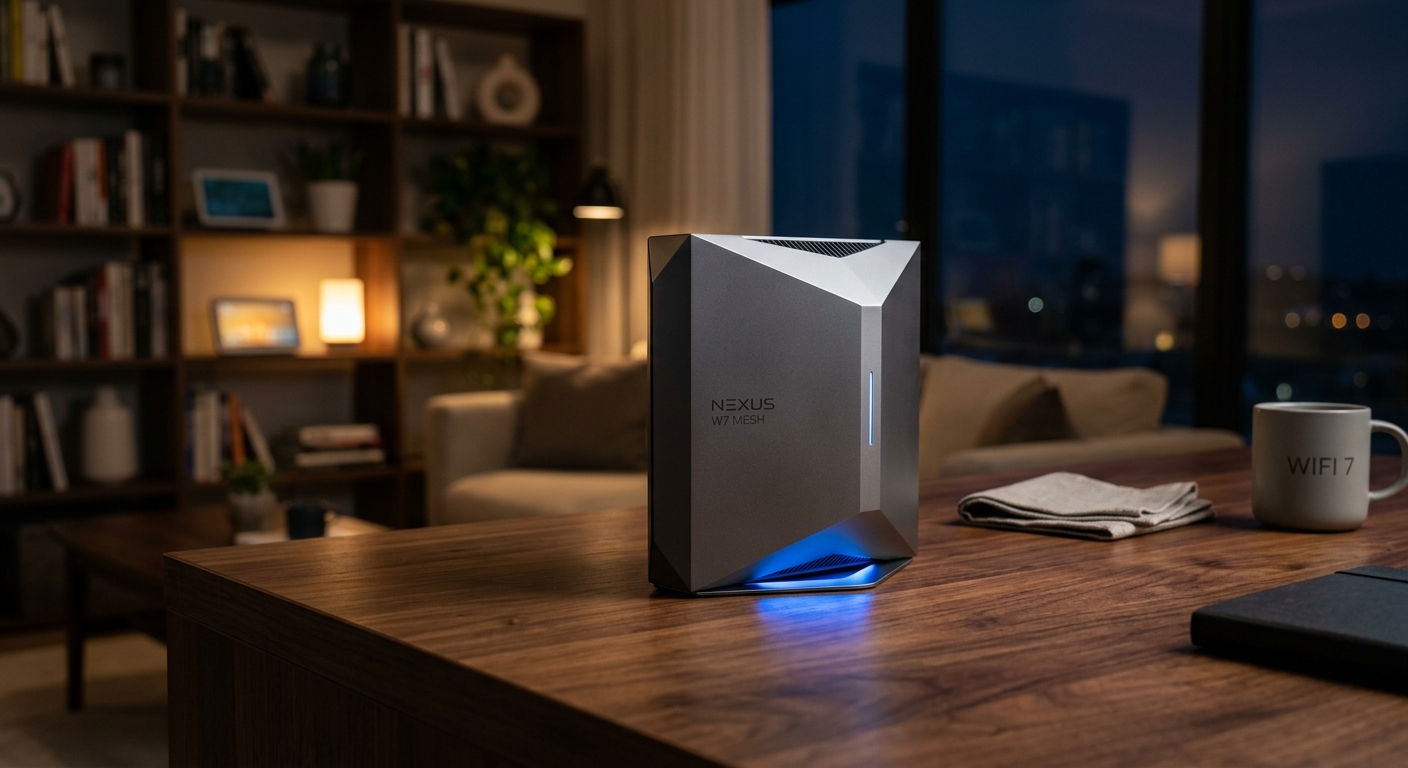 Roteador moderno de tecnologia Wi-Fi 7 em cima de uma bancada com luzes azuis sutis na base.