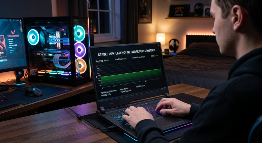 Gráfico de desempenho de rede estável na tela de um notebook gamer, indicando ping baixo e sem atrasos com tecnologia Wi-Fi 7.