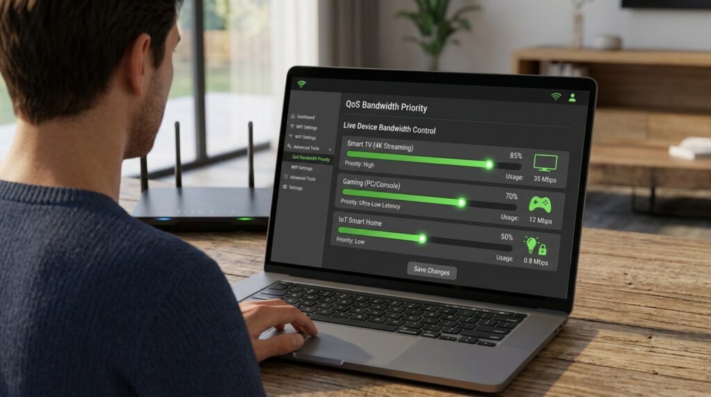 Tela de notebook mostrando painel de configuração de QoS de um roteador para priorizar largura de banda de dispositivos smart.