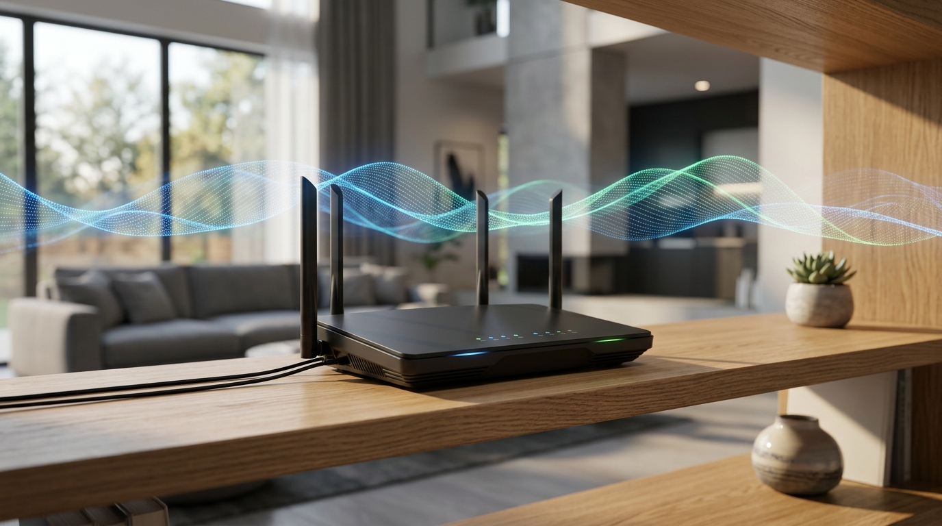 Roteador Wi-Fi moderno com luzes LED acesas em uma prateleira de madeira na sala de estar, representando sinal de internet estável.
