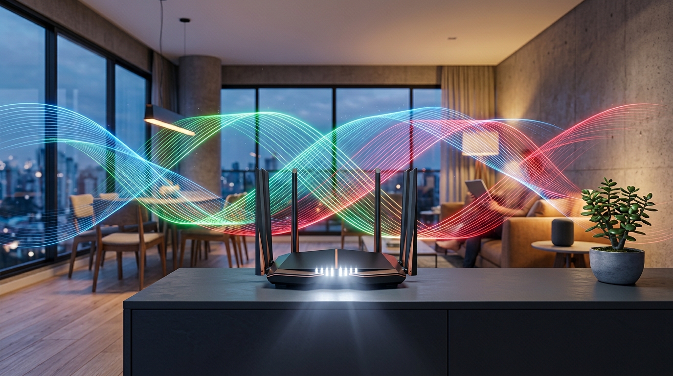 Imagem conceitual com ondas de sinal Wi-Fi coloridas e um roteador moderno aceso em um apartamento.