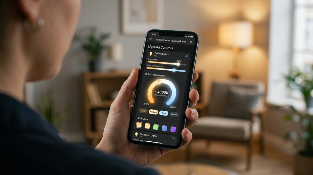 Aplicativo de automação residencial em smartphone mostrando controles de ajuste de brilho e temperatura de cor para iluminação.