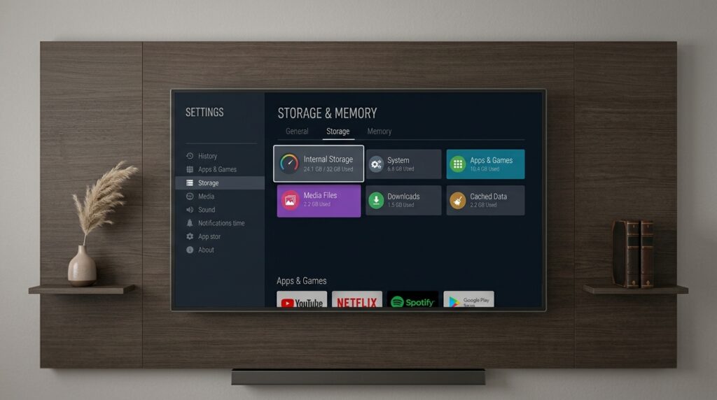 Texto Alternativo: Menu de configurações de armazenamento aberto na tela de uma Smart TV.