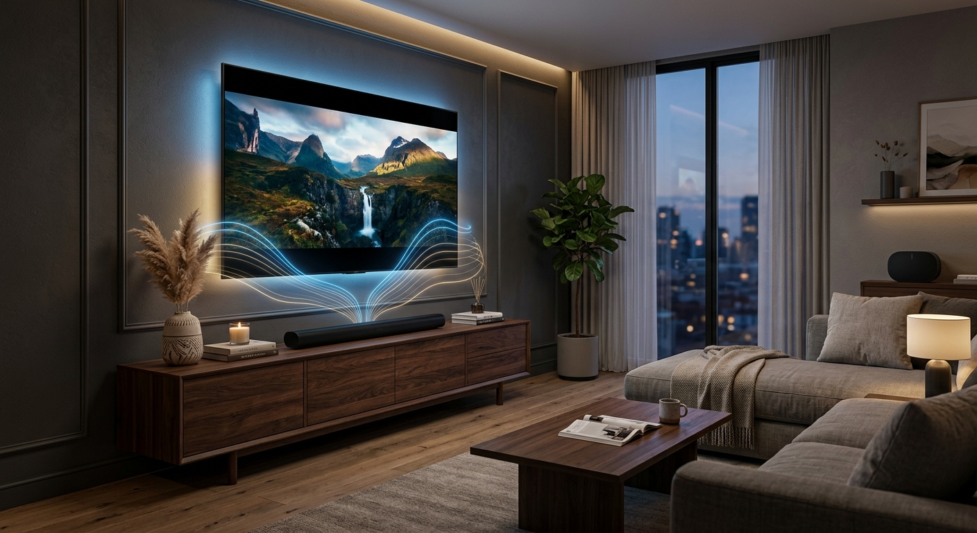 Sala de estar moderna com Smart TV na parede e soundbar no rack, exibindo ondas sonoras sutis que simbolizam a sincronização de áudio e imagem.